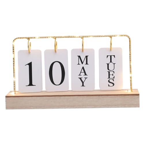 Flip Calendar with Light, Wooden Desk Date Display, Standing Date and Weekly Day Flip Desk Calendar, Reusable Perpetual for Office Bedroom Hotel