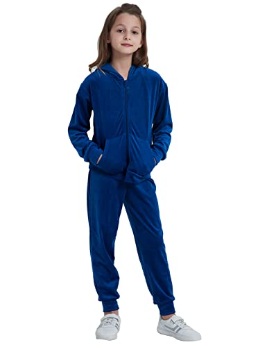 Bobo Bloom Tracksuit For Girls Velvet Sports Suit Hooded Teen Sweatshirt Zipper Little Girls Tracksuit Set Pants Casual Suit Dark Blue 120 #TOP1