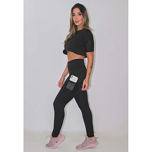 Conjunto Feminino Fitness Cropped Preto + Calça Legging com Bolso Tela
