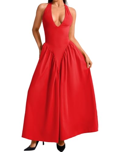 Image of ChiaoLezhee Deep V Neck Dress, Halter Maxi Dresses, Vacation Date Night, Sexy for Women Corset Flowy Wedding Guest Drop Waist