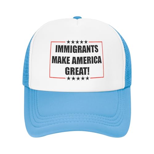 Vetrova Immigrants Make America Great Trucker Hats Deport The Racists Baseball Cap for Kids Boys Girls Snapback Mesh Back Adjustable Caps - Sky Blue