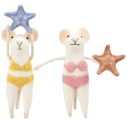 Primitives by Kathy Collectible Felt Critter Set 4.5-inch Starfish Mice Set of Two Beach Themed Decorative mice in Bikinis with Starfish Details - Tiered Tray Shelf Tablescape Coastal Home Decor