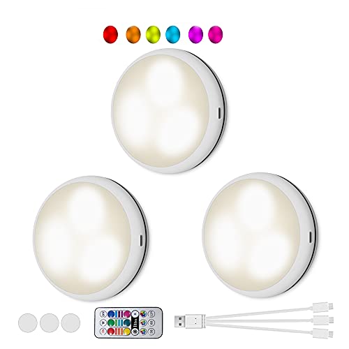 Rechargeable Puck Lights, RGB Led Puck Lights Dimmable 16 Colors with Remote(3 Cables Included) Under Cabinet Puck Lights Wireless Removable Easy to Install (3 Pack)