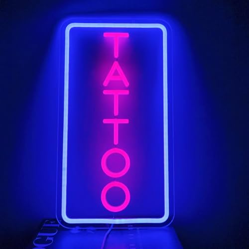 Image of Neon Tattoo Light,LED Arylic Tattoo Neon Sign for Tattoo Shop Door Wall Light up Decor,Reusable and Dimmable Tattoo Gifts for Tattoo Lover,Tattoo Decor Shop Sign Open,16x9In(Blue+Pink Tattoo)
