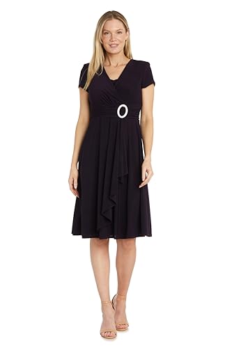 Image of R&M Richards Women's Cascade Wrap Dress with V-Neck & O-Ring Rhinestone Buckle, Work to Weekend Short Sleeve Flowy Silhouette