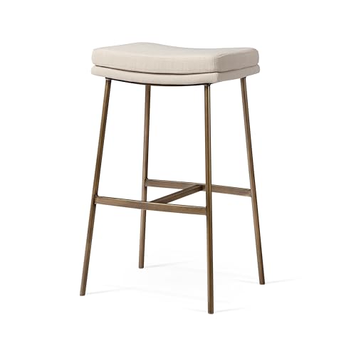 Maven Lane Berkley Butaco Sin Respaldo 31 Pulgadas – Butaco Silla con Reposapiés – Estructura Metal Envejecido Dorado y Tapicería Beige – Ideal para Bares, Pubs y Cocinas Altas miniatura 1