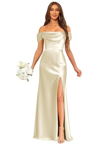 VCCICANY Satin Bridesmaid Dresses for Women Mermaid Off Shoulder Long Prom Dress Corset Formal Gowns with Slit