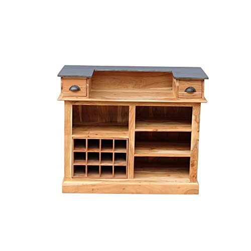 Comptoir Bar Industriel Bois de Acacia Massif et Plateau Métal 120cm – Comptoir Caisse pour Commerces – Meuble de Bar en Bois – Parfait pour Une Décoration Vintage de Style Industriel