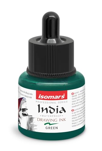 Image of Isomars Waterproof Drawing Ink with Dropper - 35ml | India Ink for Calligraphy, Art, Technical Drawing | Fade-Resistant & Quick-Drying (Green)