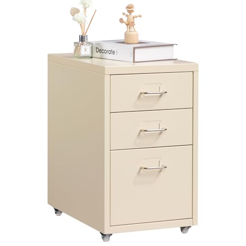 HollyHOME Archivador móvil de 3 cajones, organizador de carpetas bajo el escritorio, armario de almacenamiento de metal con ruedas para el hogar y la oficina, crema