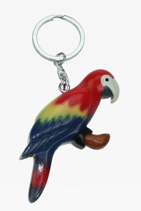 Llavero de madera con diseño de loro rojo oscuro
