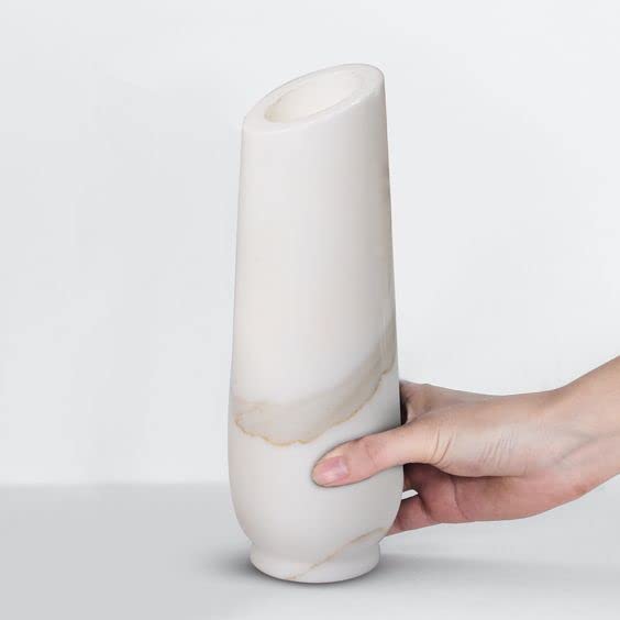 RM White Marble Flower Vase – 25cm Slant Top Cylinder | Handcrafted Natural Stone Vase for Home & Office Décor | Elegant Table Centerpiece & Floral Arrangement Holder | Pack of 1