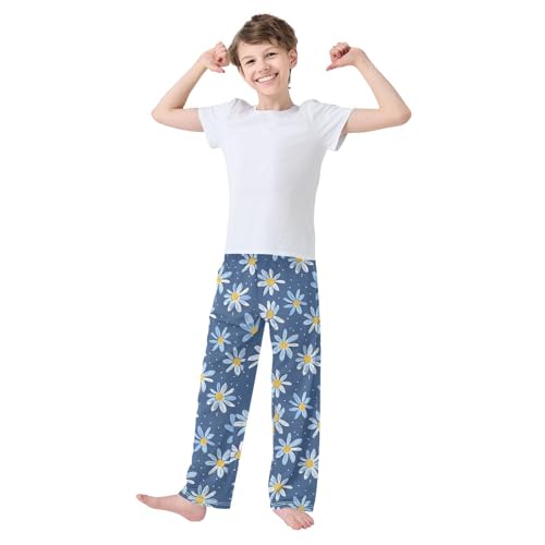 Blue Flowers Hand-Drawn Style Boys Pants for Kids Jogger Pants with Pockets S3