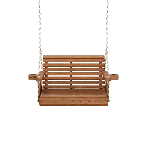 Image of Amish Casual Heavy Duty 700 Lb Capacity Porch Swing with Cup Holders (3 Foot, Oak Stain) - Wooden Outdoor Roll Back Swing with Hanging Chains - Amish Made in the USA