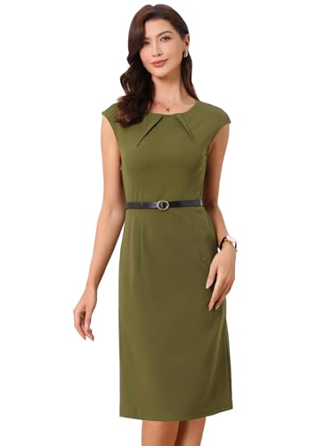 Image of Allegra K Business Dress for Women's Work Elegant 2026 Cap Sleeve Belted Office Sheath Dresses