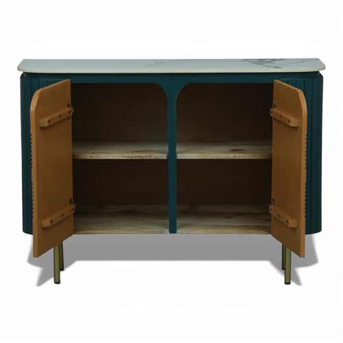 Image of Solid Wood Mandala Sideboard Cabinet with Sintered Stone Top for Living Room | Premium Acrylic Emerald Green and Terracotta Brown Finish | 119.8 x 39.8 x 85 cm