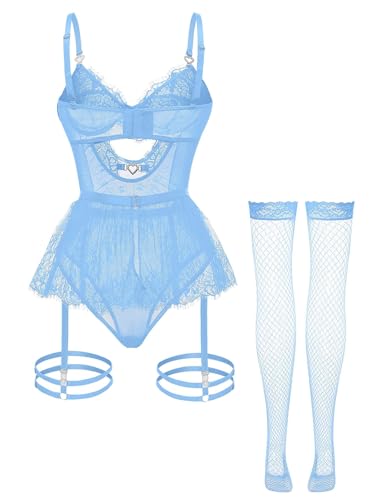 Image of Foxiny Sexy Lingerie Set 3 Piece Women Corset Bodysuit | Sheer Mesh Lace Push-Up Underwire Heart Garter Stocking Plus Size Curvy Exotic Costume Halloween Christmas Valentine's Day