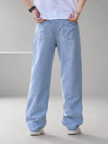 Image of Men's Light Blue Baggy Boyfriend Jeans, Korean Pant, Wide Leg, Look, Casual Denim