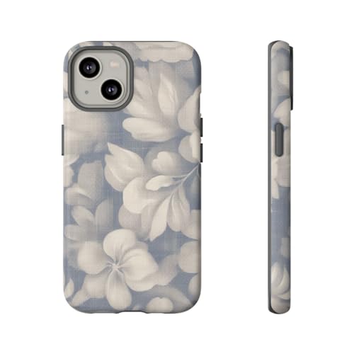 Coque rigide mate iPhone 14 avec motif floral vintage bleu et beige