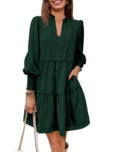 Image of Imily Bela Womens Fall Long Sleeve Tunic Dress Casual V Neck Tiered Dress | Loose,Swing,A-Line,Ruffled Collar,Puff Balloon Sleeve,Smocked Elastic Cuffs,Tiered Layered Ruffle Hem,Babydoll,Loose,Mini