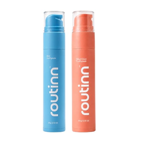 Image of Routinn Toothpaste Duo Pack Gel with Fluoride & Zinc | Smooth Mint & Peach Iced Flavors | Sensitivity Support, Enamel Care & Fresh Breath | Airless Pump Dispenser | Unisex Oral Care Combo