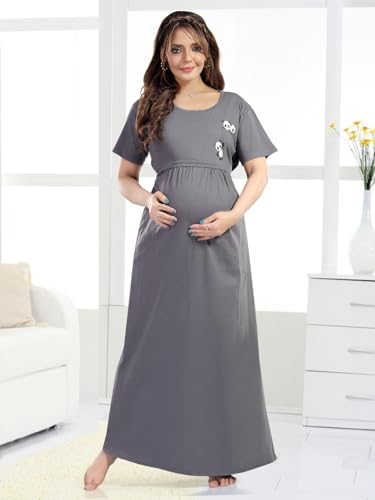 Image of Fabme Women's Full Length Printed Pre and Post Pregnancy Pure Cotton Nursing Nightdress Nighty