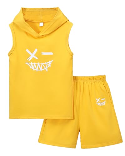 Image of Kids Boys Summer 2PCS Outfits Sleeveless Hooded Loose Casual Top Shirt and Elastic High Waist Sports Short Pant Set