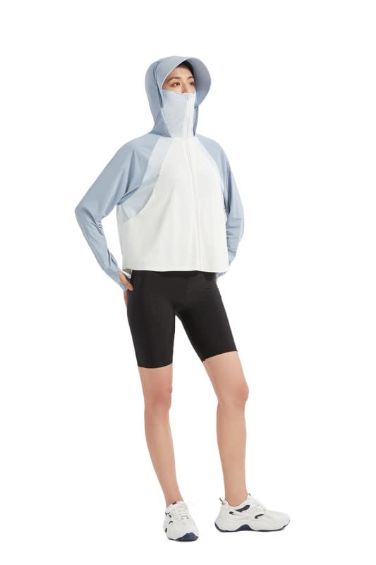 Shanghai Story Fishing Shirt UPF 50+ UV Sun Protection Long Sleeve Jacket Hoodie with Face Mask For Women White/Grey L