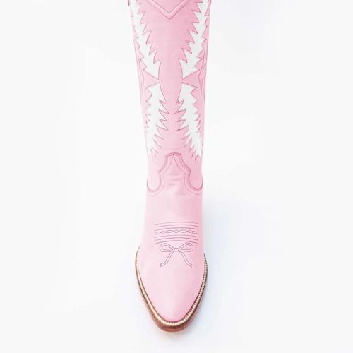 Women's Fashion Embroidered Cowboy Boots, Almond Toe Chunky Heel Pull On with Tree Leaf inlay Knee High Boots3