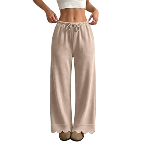 Scalloped Pants for Women Flowy Low Rise Baggy Loose Wide Leg Pants, Brown | Elastic Waisted, Straight Leg, Drawstring, Going Out Bottoms, Athletic, Gym, Work Out, Running, Fall Clothing with Pockets - image 2