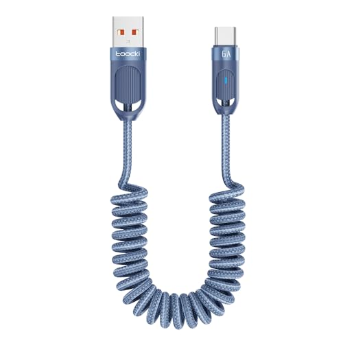 toocki Cable USB A a USB C 1.8M, Espiral con Luz LED, Nailon Trenzado, Azul