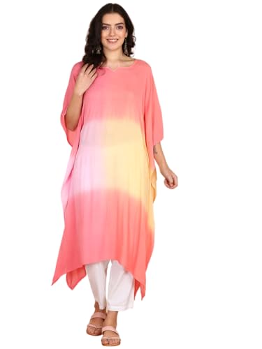 Image of Maaesa Women Handcrafted Tie & Dye Rayon Crepe Kaftan Dress | Casual Wear | Flowy Kaftan Style | Lightweight & Breathable Fabric