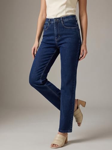 Image of Urbano Fashion Women's High Rise Straight Fit Washed Jeans Non-Stretchable