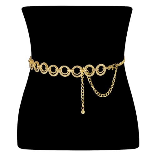 GEEHUA Damen Taillengürtel mit Kette, Metallkette schmaler Gliedergürtel modischer doppellagiger Taillengürtel mit Kette für Kleider und Jeans(Gold)