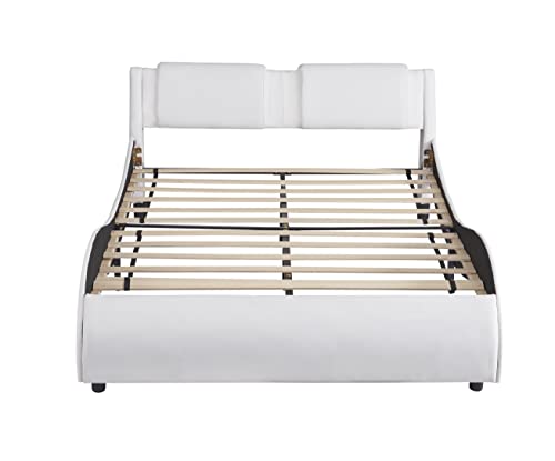 Full Bed Frame With Led Lights Upholstered Faux Leather Platform Beds With Headboard Modern Wave-Like Bed With Slatted Support, No Box Spring Needed, White #TOP4