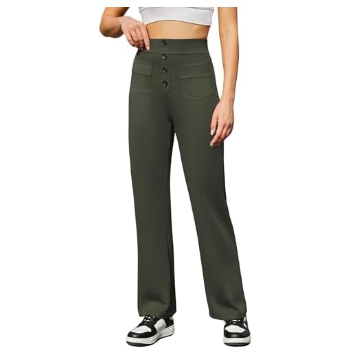 Friptspyg Pantalon Femme Taille Haute Droit Élastique à Poches et Boutons Pantalon Sport et Détente Femme, Vert Militaire M