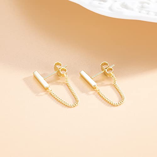 Reffeer Solid 925 Sterling Silver Stud Earrings Minimalist Bar Earrings with Chain Dangle Earrings For Women4