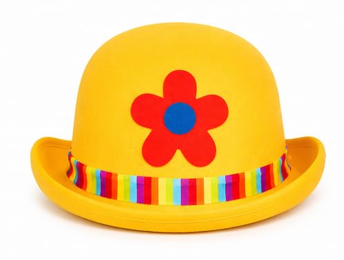 The Dragons Den Adults Clown Bowler Hat With Flower Decoration Circus Big Top Fancy Dress Headwear [Yellow]