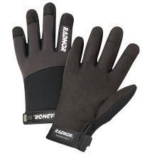Radnor Large Black And Gray Full Finger Synthetic Leather By Clarion And Spandex Light-Duty Mechanics Gloves With Hook And Loop Cuff, Spandex Back And Reinforced Fingertips