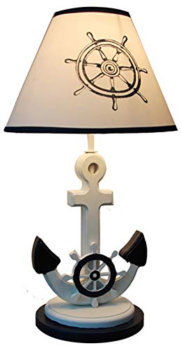 Lámparas de mesa Lámpara de estilo mediterráneo para niño y niña, cuerpo de madera maciza de estilo náutico con pantalla de tela, adecuada para habitación infantil, lámpara de noche, lámpara de