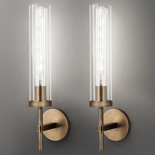Image of Bronze Wall Sconces Set of Two with White Lights, 19.5'' Brushed Brass Knurled Bathroom Sconces Wall Lighting Vanity Light with Clear Glass for Living Room Mirror Bedroom Stairs