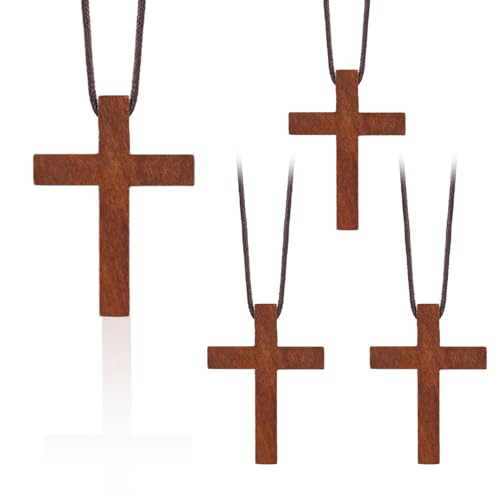 Natural Wooden Cross Necklace for Men&Woman Crucifix Necklace Men&Woman Bulk Wooden Small Crosses Gifts for Bible Verse Easter Party Favor Cross for Car Mirror Hanging Pendant 1.6In X 1.1In4pcs