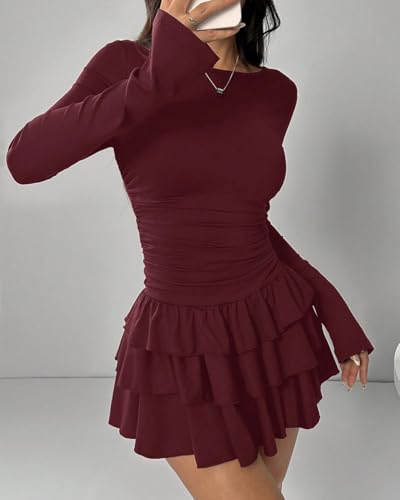 Women Elegant Long Sleeve Ruffle Tiered Layered Bodycon Mini Dress Crew Neck Ruched Fitted Flowy Hem Party Dress2