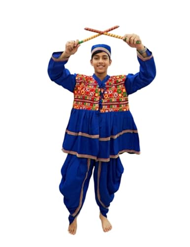 Image of BookMyCostume Blue Gujarati Kedia With A Pair of Dandiya Sticks Combo - Traditional Outfit for Navratri & Festivals | Gujarat Fancy Dress Costume For Kids & Adults 12-13 Years