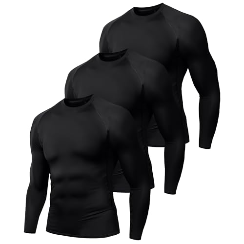 Holure 3 Pack Compression Shirts for Men Long Sleeve Mens Running Top Quick Dry Base Layer Tops for Gym Sports Fitness Workout Black/Black-M