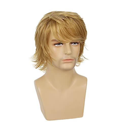 Wiwige Mens Blonde Wig Short Layered Natural Fluffy Wig Synthetic Heat Resistant Halloween Cosplay Hair Wig #TOP2