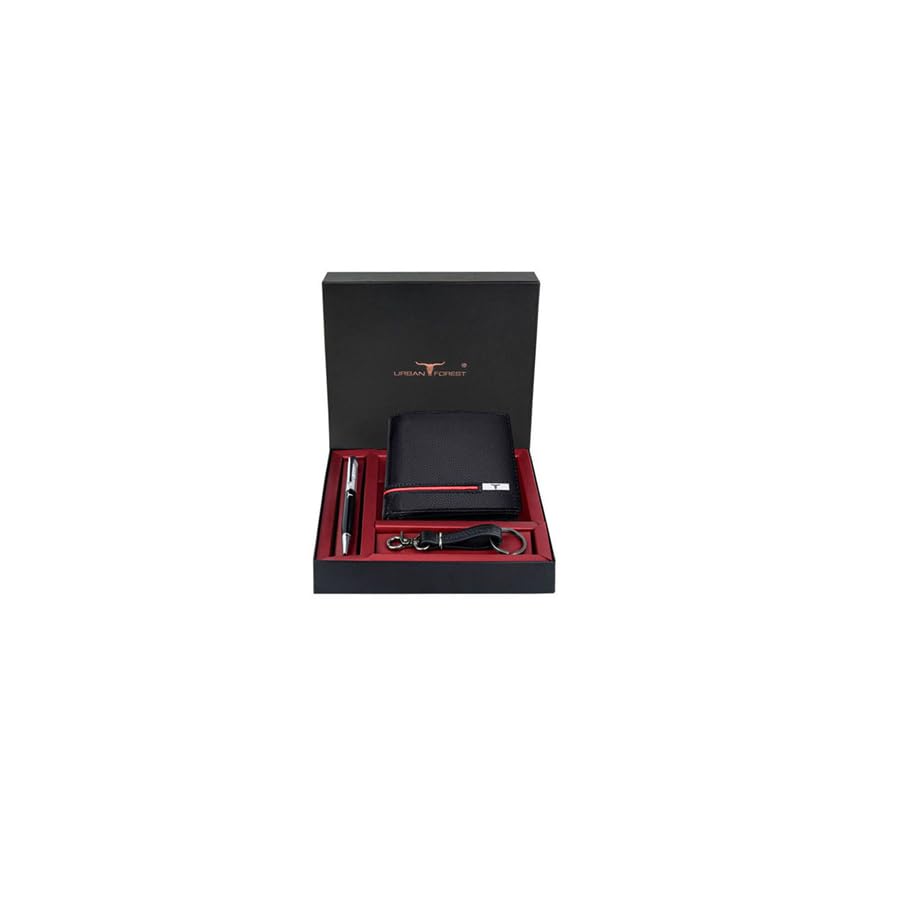 URBAN FOREST Shay Black/Red Leather Wallet, Diamond Pen & Keychain Combo Gift Set for Men