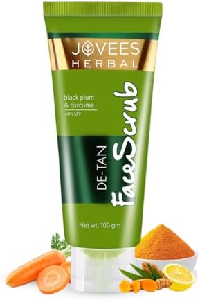 Jovees Herbal De-Tan Scrub With SPF For Brightening & Revitalizing Face Scrub | Remove Dead Skin | Gentle Exfoliation, Smooth and Clear Complexation With Turmeric & Aloe Vera | For All Skin Type- 100g