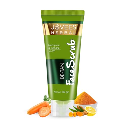 Jovees Herbal De-Tan Scrub With SPF For Brightening & Revitalizing Face Scrub | Remove Dead Skin | Gentle Exfoliation, Smooth and Clear Complexation With Turmeric & Aloe Vera | For All Skin Type- 100g
