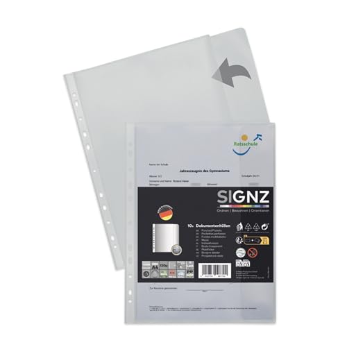 SIGNZ Prospekthüllen MIT KLAPPE (DIN A4, SEITLICH OFFEN, extra starke 120 my, 10 Stück, genarbt, CO2-neutral hergestellt, made in Germany